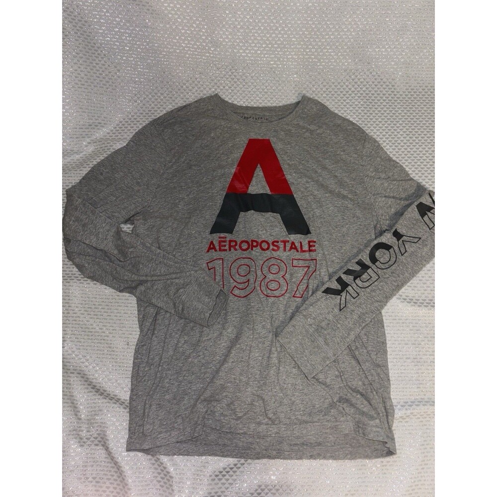 Aéropostale Men’s Gray Long Sleeve Crew Neck New York Graphic Logo T-Shirt L